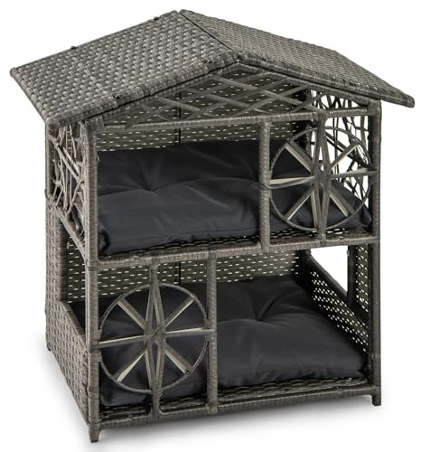 GOPLUS Niche pour Chat Exterieur en Rotin, 69 x 41 x 70 CM, Maison pour Chat avec Condo à 2 Niveaux en Osier avec Fenêtres Élégant, Toit, Charge 40 KG, Entrée Latéral, Coussins Amovibles Doux, Gris