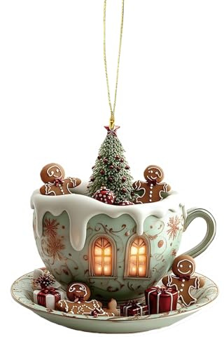 Ornement de Noël Tasse à Café - Décorations de Sapin de Noël - Pendentif 2D en Forme de Maison Neigeuse Tasse Café Acrylique pour Intérieur Voiture Chevet Hommes Femmes Bureau Sac à Dos
