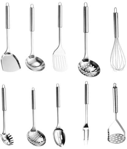 hocadon Juego de 10 Utensilios de Cocina de Acero Inoxidable Utensilios de Cocina Acero Inoxidable con Espátula, Cucharón de Sopa, Espumadera, Batidor, Machacador de Patatas, etc