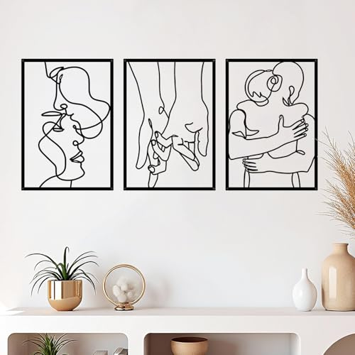 ESTART Minimalistische Metall-Wanddekoration, 3 Stück, Valentinstag, Liebhaber, Kuss, Hand, Umarmen, Ästhetisch, Zum Aufhängen für Schlafzimmer, Badezimmer