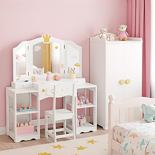 Bonnlo Tavolo da toeletta con sgabello e specchio rimovibile, tavolo per bambini con scatole portaoggetti e scomparti aperti, per ragazze dai 3 anni in su, bianco