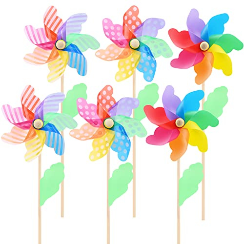 6 Pieces Colorful Rainbow Pinwheel 40cm/15.75inch Flower-Style Rainbow Windmills 3D DIY Wind Spinners Wooden Garden Windmill Bird Repellent Pinwheels Party Decor for Garden Lawn Home Yard Farm