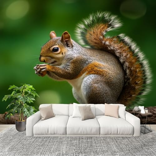 Mural Papel Pintado 3D 250x175cm Bosque Ramas Animales Ardilla Fotomurales Tejido No Tejido Antiarrugas Póster Verde Oscuro Murales Fotográfico Moderno Decoración de Paredes