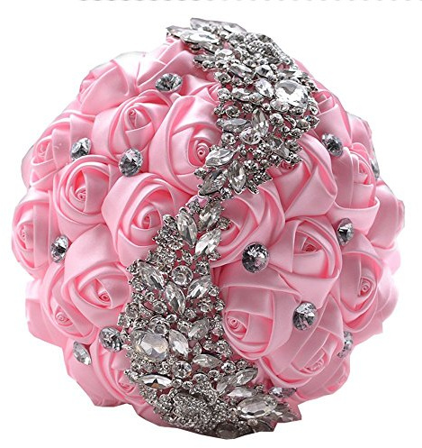 Fouriding Handgemachte Brosche Brautstrauß Braut Satin Rosen Blumen Strass Perlen Blumensträusse Hochzeit Strauß Künstliche Blumenstrauß künstlicher Rosenstrauß Dekoration (Rosa)