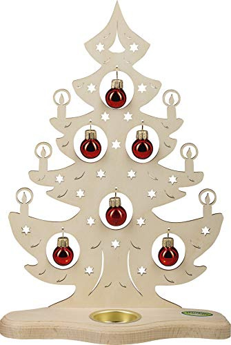 WEIGLA - Teelichthalter original Erzgebirge I Tannenbaum mit roten Kugeln I für 1 Teelicht I Weihnachtsdeko I Teelichthalter aus Holz