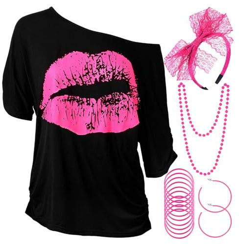 Blulu Damen 80 Jahre Kostüm Zubehör Set, Lippen Drucken T-Shirt Spitze Stirnband Ohrring Halsketten Armband für 80 Jahre Thema Party(Rosenrot,L)