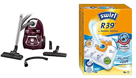 Rowenta RO3969 Compact Power Beutel-Staubsauger dunkelrot/Silber & Swirl R 39 MicroPor Plus Staubsaugerbeutel Moulinex Staubsauger | Anti-Allergen-Filter | 4 Stück