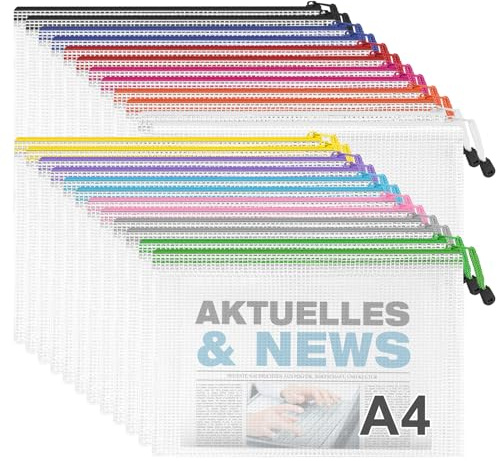 Newthinking Dokumententasche A4 mit Reißverschluss, wasserdicht, 24 Stück | Dokumententaschen mit Reißverschluss. Mesh-Aktenordner mit Schloss, für Schule, Büro, Reise und Aufbewahrung, 12 Farben