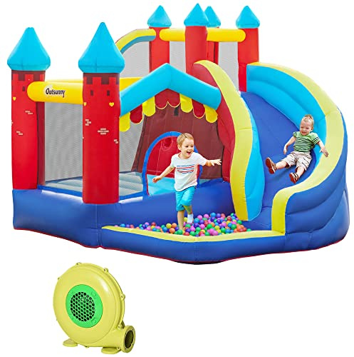 Outsunny Kids Bouncy Castle, 4 In 1 Large Inflatable Bounce House w/Trampoline, Slide, Water Pool, Ball Pit, Climbing Wall, Includes Blower, Bag, Ages 3-8 Years, 2.9 x 2.7 x 2.3 m