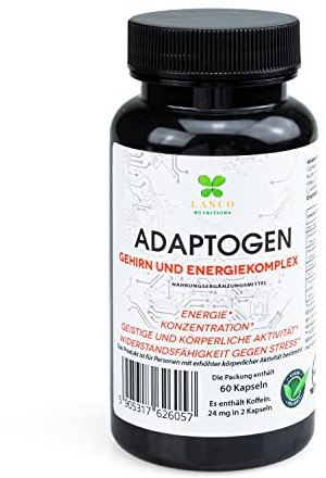 Lanco Adaptogen Brain Energy Complex Ashwagandha Pulver Theanin Guarana Rhodiola Rosea Taurin statt Koffeintabletten und Energy Drinks, Ashwagandha-Kapseln Energy-Booster Vegan, Konzentration 60 Kaps
