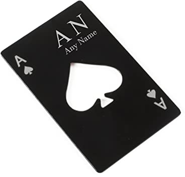 Personalised Engraved Stainless Steel Black Playing Card Bottle Opener, Initials Design, Pocket Wallet Portable Bottle Opener, Fathers Day Gift, Gift for Him, Home Bar, Engraved in The UK