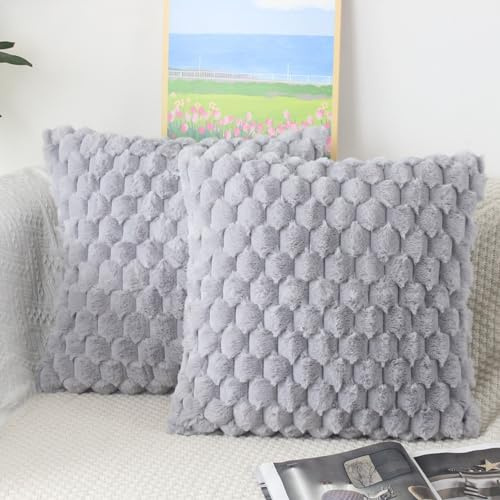 NIULAA Faux Fur Cushion Covers 50cm x 50cm Grey Set of 2 Fluffy Plush Cushion Covers 20x20 inches Pillow Covers Soft Fuzzy Pillowcases Moroccan Style Home Decor Cushion Cover