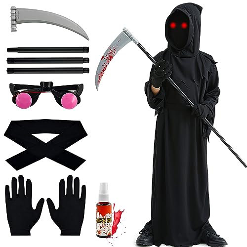 TaimeiMao Sensenmann Kostüm Kinder,Halloween Kostüm mit leuchtenden Brille,Handschuhen,Kunstblut,Sensen,Reaper Kostüm,Kapuze für Cosplay,Halloween Dekoration,Karneval,Kinder ab 8-10 Jahren(M Größe)