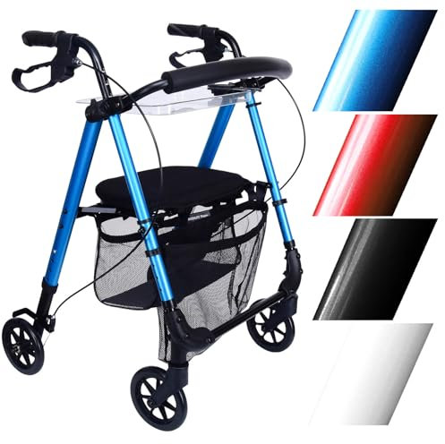 Mobility Plus+ Indoor Rollator IR10+ Blau - Wohnungsrollator Leichtgewicht, schmal & faltbar - Sitz & Griff höhenverstellbar - Gehhilfe für Senioren inkl. Rückengurt, Netztasche & Tablett