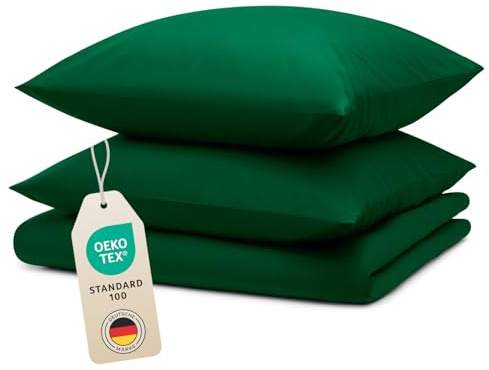 Blumtal Bettwäsche 155x220cm + 2X 80x80cm Kopfkissenbezug - Oeko-TEX zert. Mikrofaser Bettwäsche Set - Mikrofaser Bettbezug bis 95 °C - Deckenbezug + Kissenbezug 3-teilig - Duvet Cover Dunkelgrün