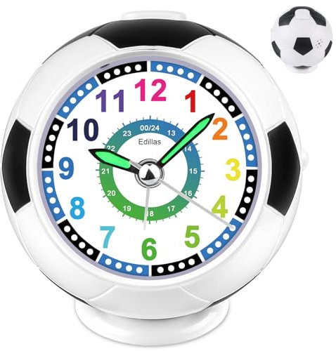 Edillas Wecker Kinder Jungen Mädchen,Fußball Wecker Analog Geräuschlos Ohne Ticken mit Licht Schlummerfunktion für Kinder Schlafzimmer Nachttisch Tisch Aufwachenuhr (Schwarz Grün)