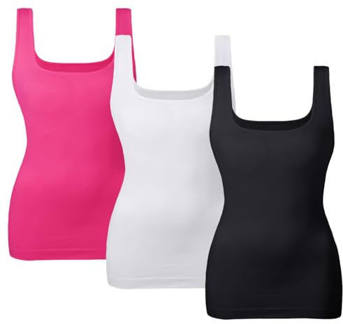 EUYZOU Women's 3PK Tummy Control Shapewear Tank Tops Seamless Square Neck Compression Tops Slimming Body Shaper Camisole - Black/White/Rose L