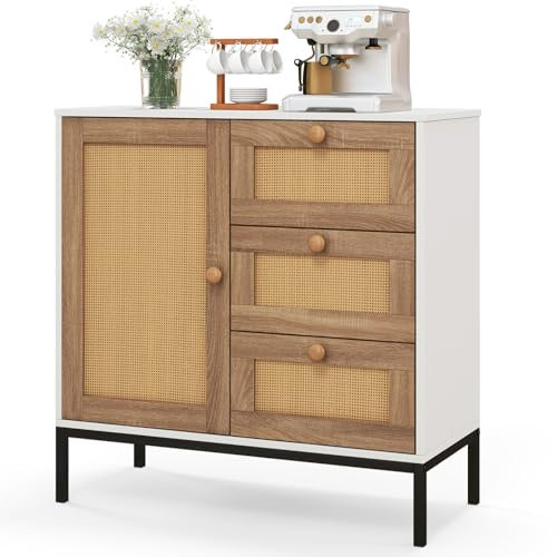 GOPLUS Anrichte Sideboard, Rattan Küchenschrank mit Türen & Schuladen, Buffetschrank mit erhöhten Metallbeinen, Aufbewahrungsschrank für Küche, Wohnzimmer & Flur, 80 x 35 x 80,5 cm