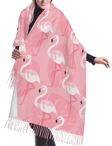 WURTON Schal mit Quasten, Winter, warm, gestreift, Schwarz / Weiß, Kaschmir-Flor, Fransenschal, Accessoire, Geschenk, Sommer-Flamingo-Palmenblätter, Einheitsgröße