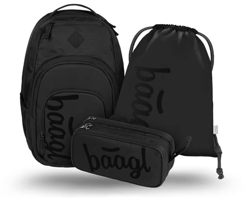 Baagl Schulrucksack Set 3 Teilig Rucksack Laptopfach Daypack 35 l Black