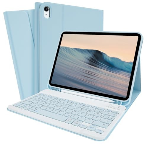 SOPPY Hülle mit Tastatur für iPad A16 11 Gen. 2025(A3354/A3355/A3356), 10,9 Zoll iPad 10 Gen. 2022(A2696/A2757/A2777), kabellose Tastaturhülle schlanke Tastaturabdeckung - Deutsches QWERTZ, Blau