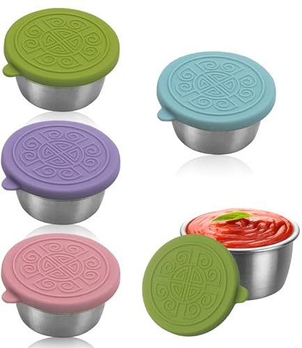 Caldamn 4 Stück Salatdressing Behälter mit Silikondeckel (Grüner Blauer Lila und Rosa) Edelstahl Salatdressing Behälter Wiederverwendbar Mini Dip Sauce Becher für Snack Dips Salat Gewürze
