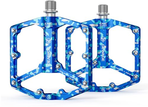 Pedaler för väg/mountainbike – 3 lager cykelpedaler – 9/16 tum CNC-maskinerade platta pedaler med avtagbara halkfria spikar (kamouflage-blå)