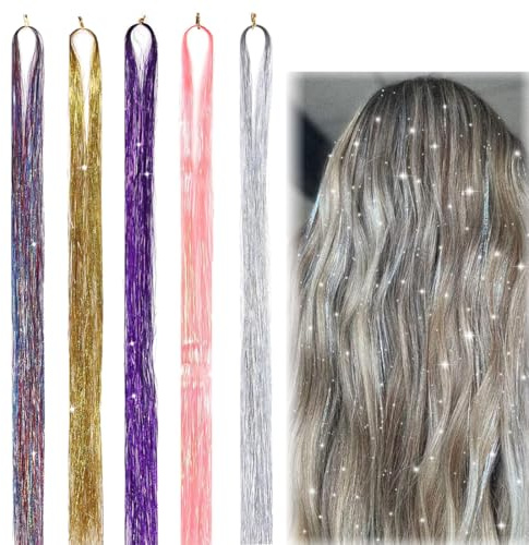 SULIUDAJI 1000 Pcs Glitzer Haarsträhnen Hair Tinsel Haar Lametta Glitzer Haarsträhnen Kit Glitzersträhnen Für Haare Festival Party Haar Glitzer Tinsel Hair Fairy Hair Für Mädchen 5 Farbe 120Cm