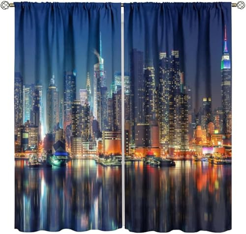 Pencil Pleat Blackout Curtains City Night Landscape 140X160 Cm (W + H) Indoor Blackout Curtain, 3D Thermo-Insulating Window Curtains Polyester Material Bedroom Drapes Blackout Curtains -151658322