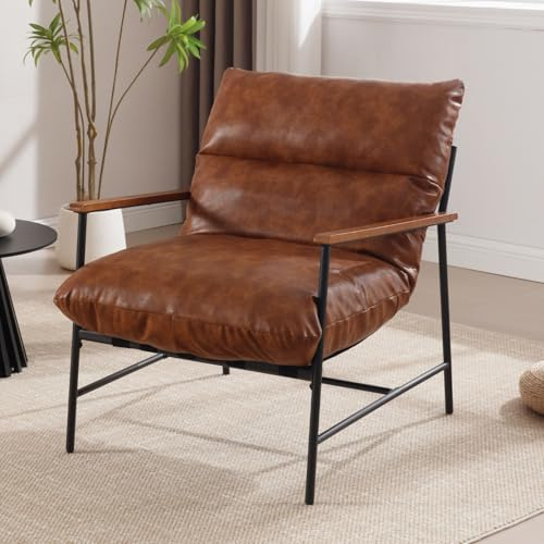 Ya-Home Loungesessel aus PU Leder Moderne Polstersessel für Wohnzimmer Lesesessel Ohrensessel mit Armlehne Cocktailsessel mit Metallgestell für Schlafzimmer, Braun