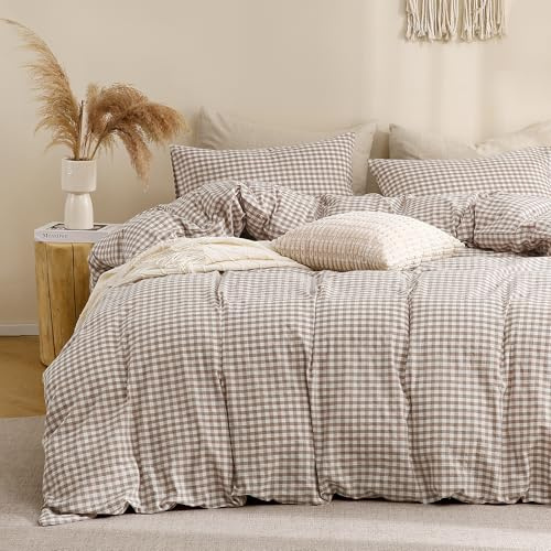 TOCOMOA Tan Gingham Duvet Cover Bedding Set 100% Washed Cotton Like Linen Feel Super Soft Comfy 3 Piece Brown Vintage Plaid Checkered Fall Comforter Cover Set (Queen 90x90, Comforter Not Included)