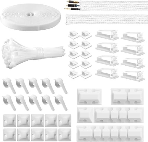Cable Management Kit 146Pcs, Wire Hider Sleeve & Clips for Home Office - 100 Wire Organizer Ties, 5 Upgrade Silicone Holder, 2 Sleeve, 28 Adhesive Clips, 1 Roll Organiser Straps