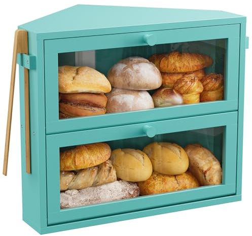 WOWLIVE Corner Bread Box for Kitchen Countertop, Large Double Layer Bread Storage Container for Homemade Bread, Black Bread Holder for Kitchen Counter, Under Cabinet Organizer (Blue, Medium)