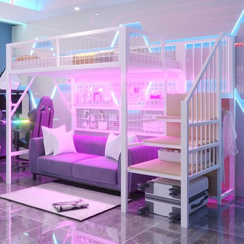 Merax Lit Mezzanine Métal 90x200 cm, avec Bande LED APP, Échelle‑Rangement et Armoire Ouverte, Espace sous Lit, pour Enfants et Adolescents, Blanc (sans Matelas)