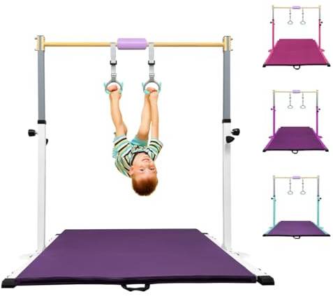 HomeSun Gymnastikstange für Kinder Robuste Kip Bar mit Ringen horizontale Turnreck für Heimtraining Höhenverstellbar 90-150cm Trainingsgerät bis 100 kg Alter 3-15