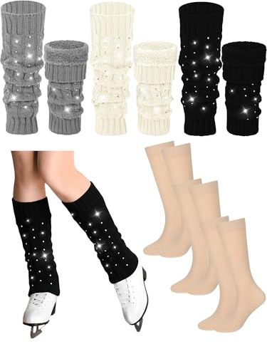 Ramede 6 Pairs Figure Skating Rhinestone Leg Warmer Set Winter Fleece Lined Warm Boot Socks Stylish Skating Accessory Sparkly Performance Wear Ice Skate for Women Girls