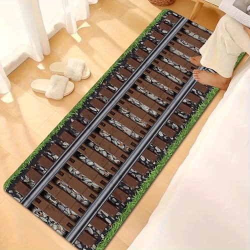 SMXVRC Railway Track Runner Rugs for Hallway, 60x120cm, Train Track Cobblestone Corridor Decorative Carpet, Non-Shedding Low Pile Dirty Resistant Rug, Soft No Crease Washable Rug for Floor