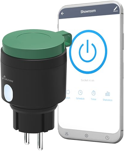 NIVIAN Presa Intelligente WiFi da Esterno IP44, Controllo Remoto con App Tuya, Monitoraggio Consumi, Programmazione Oraria e Timer, Smart Home Giardino, Compatibile con Alexa e Google, App SmartLife