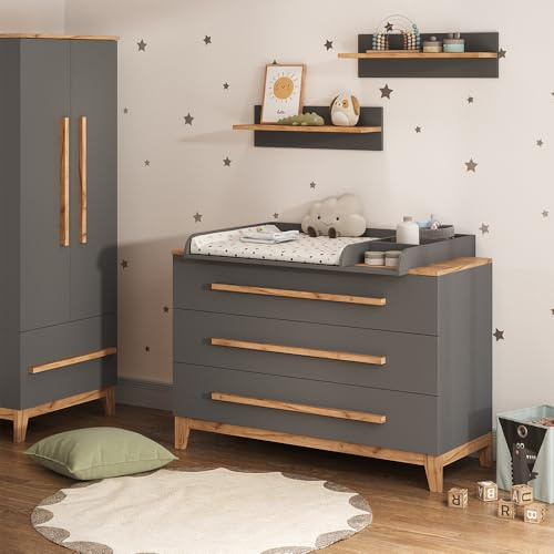 VitaliSpa Fasciatoio Malia, Grigio/Artisan, 133.2 x 98 cm con 3 cassetti, con fasciatoio rimovibile per l'utilizzo come cassettiera