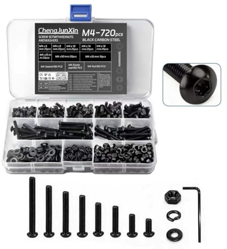 720Pcs M4 Bolts and Nuts Set,Hex Socket Button Head Cap Screws,Black | Carbon Steel,With Flat & Lock Washers,Assorted Sizes For Home,Office, Garage,DIY.