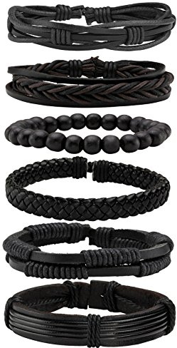 MILAKOO 6 Pcs Black Braided Leather Bracelets for Men Women Cuff Wrap Wristbands