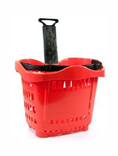 Cestino trolley spesa in plastica su ruote maniglia telescopica lt.43 per arredo supermercati e forniture negozi dimensioni mm.533x380x425h. Cesto utile per supermercati e minimarket (rosso)