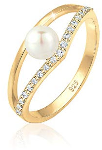 Elli Ring Damen Elegant Süßwasserzuchtperle mit Kristalle in 925 Sterling Silber vergoldet