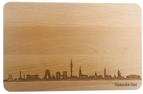 SNEG Brotzeitbrett Gelsenkirchen Skyline | Frühstücksbrettchen aus Buche | Holz Schneidbrett | Geschenk mit Gravur | Frühstücksbrett | NRW (Brett XL (35x23x1,5cm), 1. ohne persönlicher Gravur)