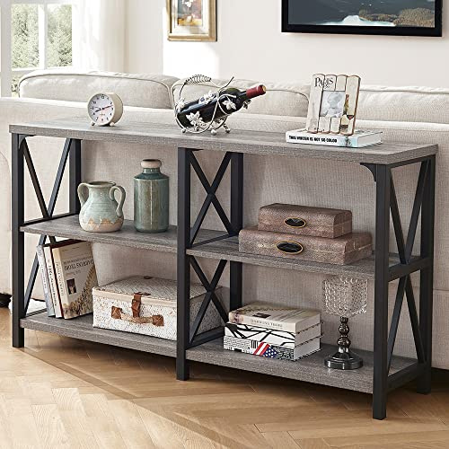 LVB Rustikaler Eingangstisch, Bauernhaus Konsolentisch für Wohnzimmer Flur Foyertisch Farmhouse Dielentisch mit Stauraum Sofatisch für Foyer, Graue Eiche, 140 cm