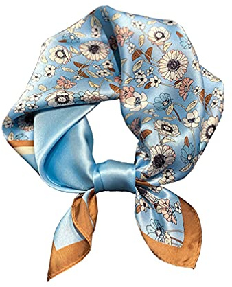 JERLA Damen Herren Small Quadrat Satin 100% Echte Maulbeerseide Schals Paisley Haar Kopf Gesicht Schal 53,3 cm x 53,3 cm, Blume/Blau, Small