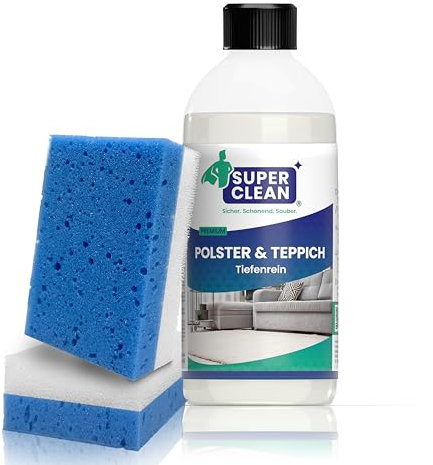 SUPER CLEAN Limpiador concentrado para tapicerías y alfombras | 500 ml + 2 esponjas para tapicería | Limpieza profunda de sofás, asientos y moquetas