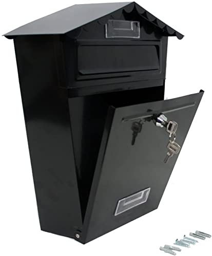 Wall Mounted Strong Tough Galvanised Powder Coated Waterproof Outside Lockable Mailbox Letter Mail Post Box - Easy to Install - Comes with Set of 2 Keys (Black)