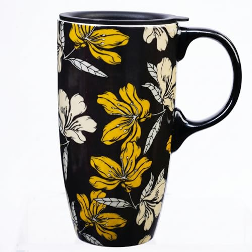 DUSVALLY Floral Ceramic Travel Mug with Lid, 500ml Large Coffee Mug, Botanical Flower Tea Cup, Microwave & Dishwasher Safe, Gift Box Included