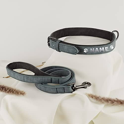 ne&no® Halsband und Leine Set PERSONALISIERT (veganes Leder) Hundeleine mit Halsband I robuste Hundeleine mit Karabiner I 1.2m Dog Leash I biegsam und extra weich (S, blau/anthrazit)